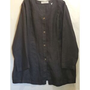 Valerie Stevens II Linen Blend Button Down Tunic Top Long‎ Sleeve Black 2X